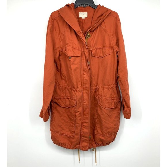 LOFT Jackets & Blazers - LOFT Anorak Jacket Utility Orange Hood Full Zip Button Linen Blend